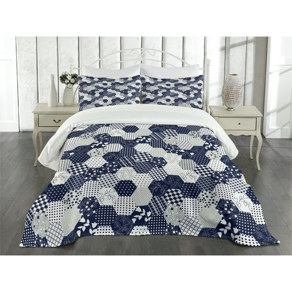 Ambesonne Navy Quilted Bedspread Set 3 Pcs, Patchwork Style Dots Star, King Size, Navy and White