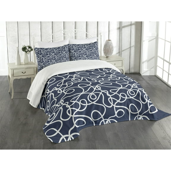 Ambesonne Navy Quilted Bedspread Set 3 Pcs, Tangled Ocean Marine Theme, King Size, Navy Blue and White