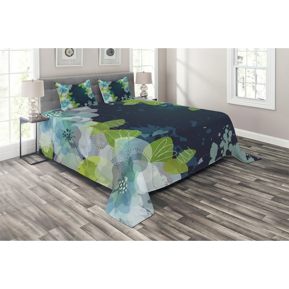 Ambesonne Navy Quilted Coverlet 3 Pcs, Grunge Abstract Flowers, King Size, Pale Green Navy Blue