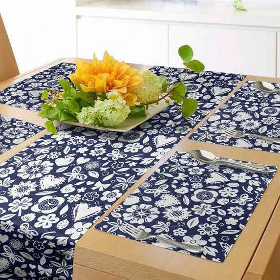 Ambesonne Navy Table Runner & Placemats, Heart Butterflies Leafs, Placemat 4 pcs + Runner 16"x90", Navy Blue and White