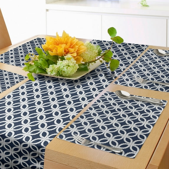 Ambesonne Navy Table Runner & Placemats, Marine Life Woven Composition, Placemat 4 pcs + Runner 14"x90", Navy Blue and White