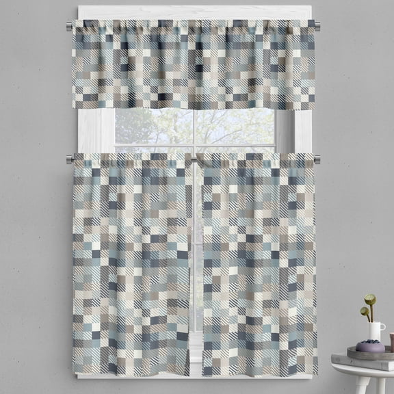 Ambesonne Navy Valance & Curtain, Striped Squares Pattern Art, 55"x24", Purpleblue and Warm Taupe