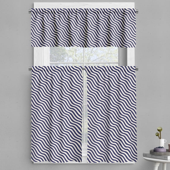 Ambesonne Navy Valance & Curtain, Wavy Stripes Dark Blue, 55"x45", Dark Blue and White