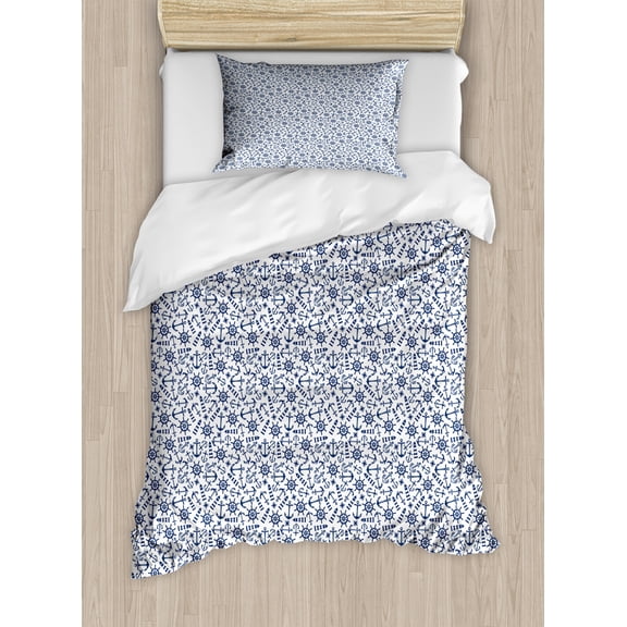 Ambesonne Navy White Duvet Cover Sets, Anchor Helm Lighthouse, 2-Twin, Night Blue and White