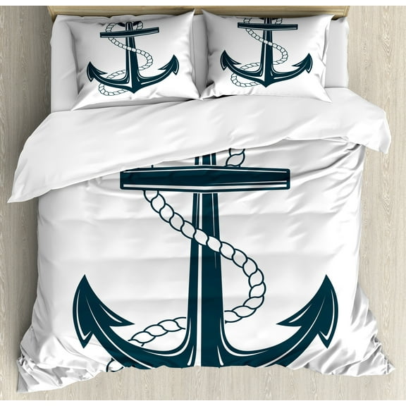 Ambesonne Navy White Duvet Cover Sets, Maritime Anchor and, 2-King, Dark Teal and White