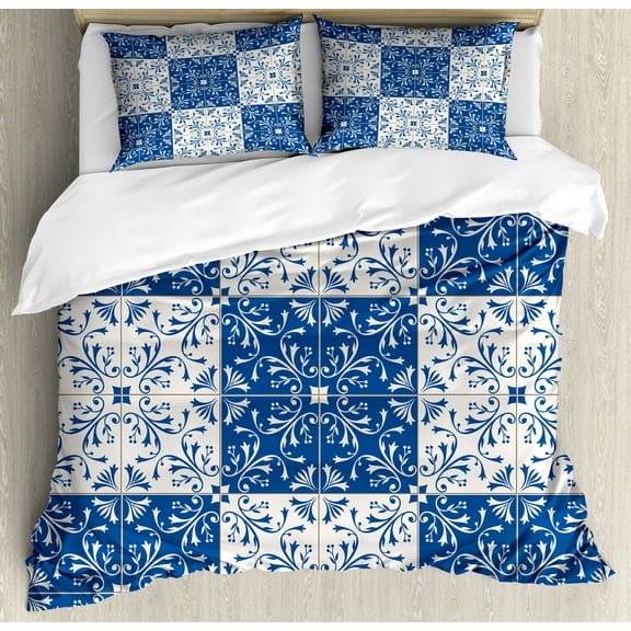 Ambesonne Navy White Duvet Cover Sets, Portuguese Mosaic, 2-Queen, Navy Blue White