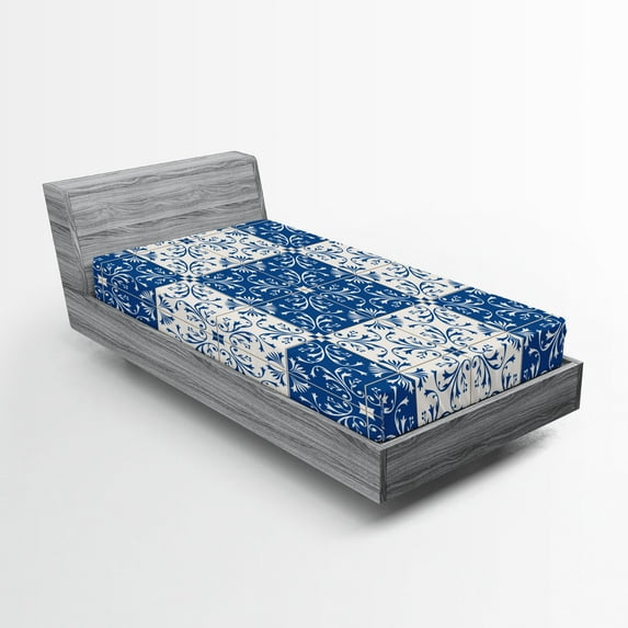 Ambesonne Navy White Fitted Sheet, Portuguese Mosaic, Twin XL Size, Navy Blue White