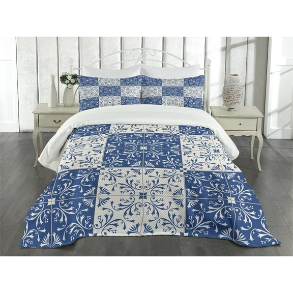 Ambesonne Navy White Quilted Bedspread Set 3 Pcs, Portuguese Mosaic, King Size, Navy Blue White
