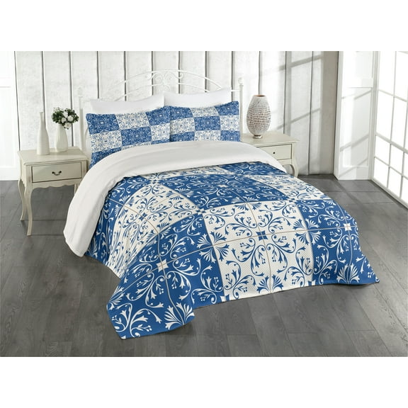 Ambesonne Navy White Quilted Coverlet 3 Pcs, Portuguese Mosaic, Queen Size, Navy Blue White
