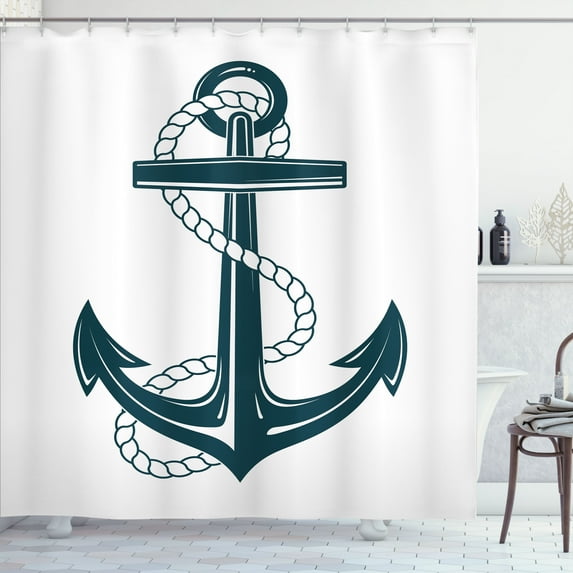 Ambesonne Navy White Shower Curtain, Maritime Anchor and, 69"Wx84"L, Dark Teal and White