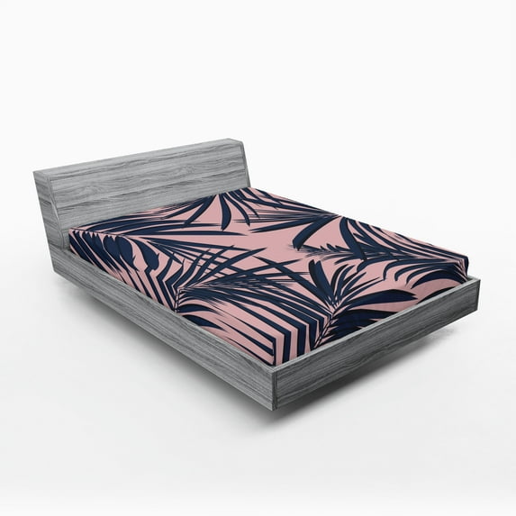 Ambesonne Navy and Blush Fitted Sheet 2 Pcs Set, Summer Hawaii, King, Night Blue Pale Pink