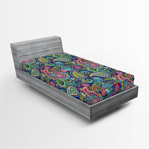 Ambesonne Navy and Blush Fitted Sheet, Vintage Paisley, Twin XL Size, Pink Blue Yellow