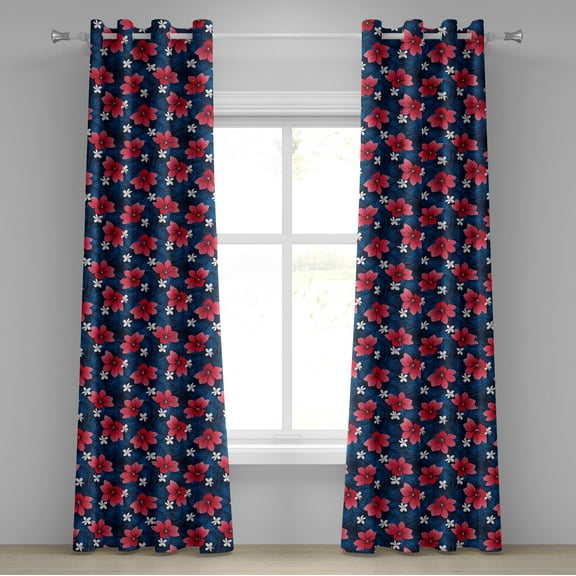 Ambesonne Navy and Blush Grommet Curtain, Exotic Hibiscus Art, 50" x 120", Navy Blue Dark Coral