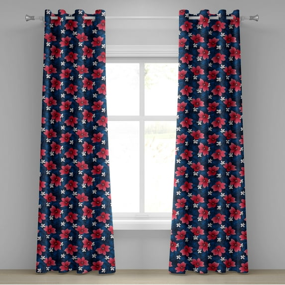Ambesonne Navy and Blush Grommet Curtain, Exotic Hibiscus Art, 50" x 72", Navy Blue Dark Coral
