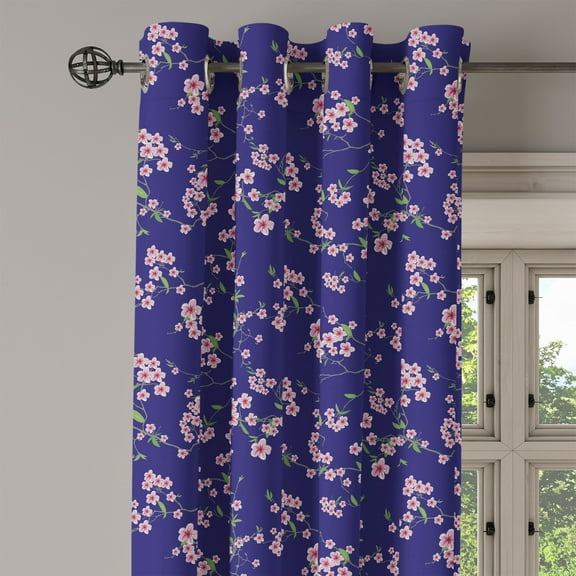Ambesonne Navy and Blush Grommet Curtain Single Panel, Sakura Blossom, 50"x60", Purple Rose Fern Green
