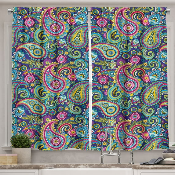 Ambesonne Navy and Blush Kitchen Curtains, Vintage Paisley, 55"x45", Pink Blue Yellow