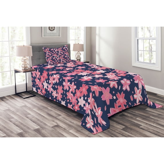 Ambesonne Navy and Blush Quilted Bedspread Set 2 Pcs, Japanese Spring, Twin Size, Dark Blue Coral Pink
