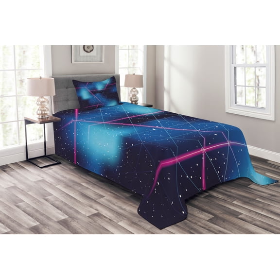 Ambesonne Navy and Blush Quilted Bedspread Set 2 Pcs, Retrofuturistic, Twin Size, Indigo Blue Hot Pink