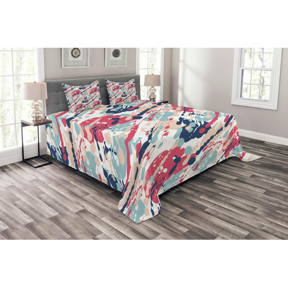 Ambesonne Navy and Blush Quilted Bedspread Set 3 Pcs, Color Splashes, Queen Size, Multicolor
