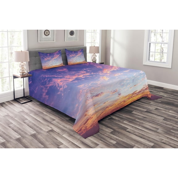 Ambesonne Navy and Blush Quilted Bedspread Set 3 Pcs, Ethereal Sky, Queen Size, Pink Violet Blue