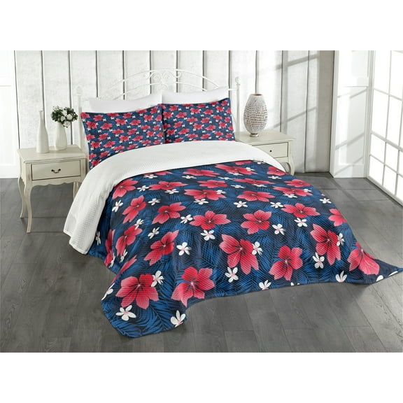 Ambesonne Navy and Blush Quilted Bedspread Set 3 Pcs, Exotic Hibiscus Art, King Size, Navy Blue Dark Coral