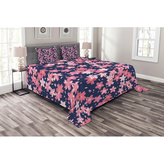 Ambesonne Navy and Blush Quilted Bedspread Set 3 Pcs, Japanese Spring, King Size, Dark Blue Coral Pink