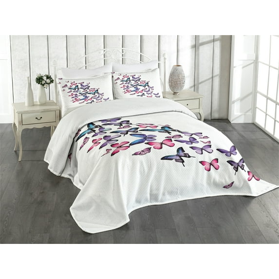 Ambesonne Navy and Blush Quilted Bedspread Set 3 Pcs, Many Butterflies, King Size, Violet Blue Pink