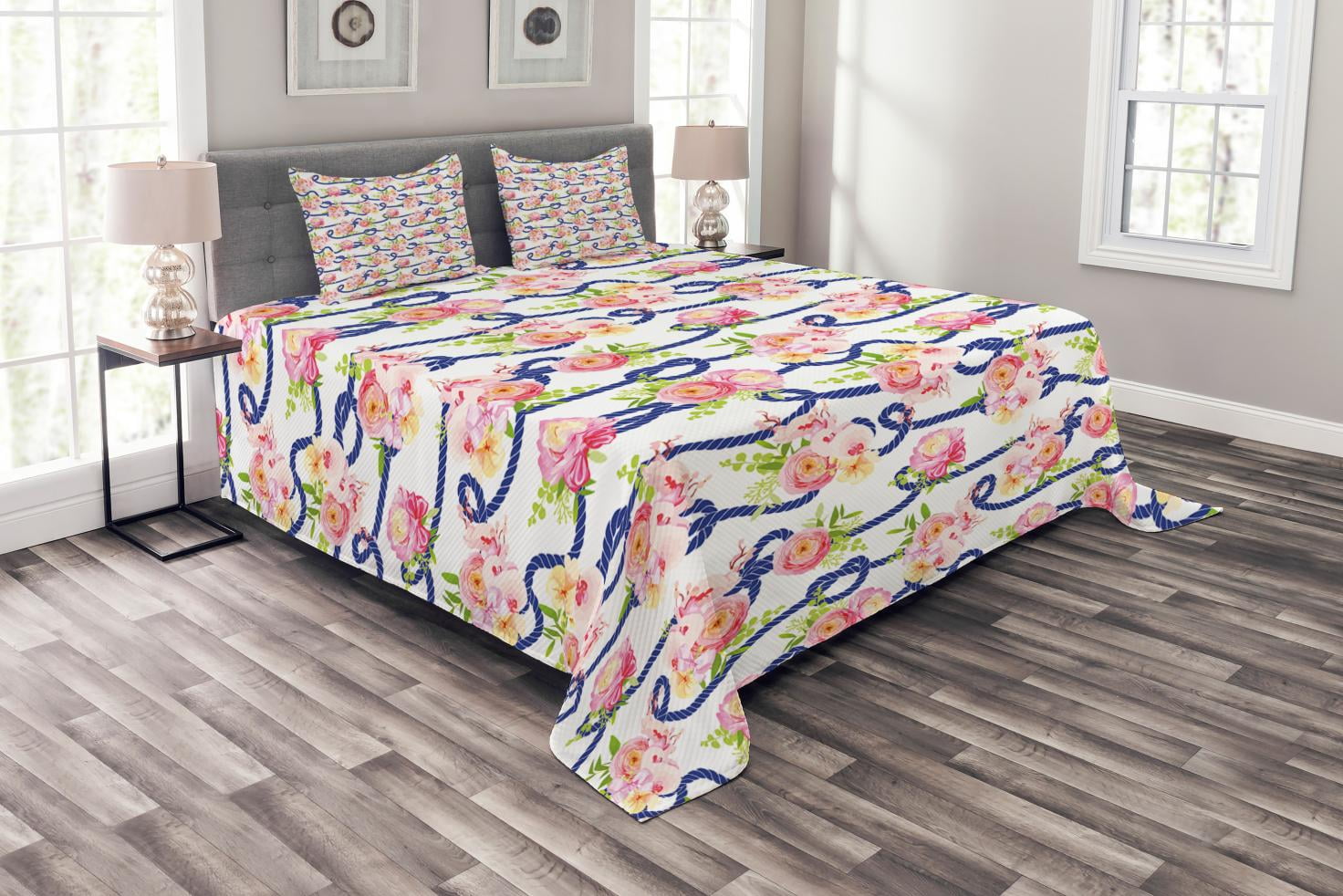 Ambesonne Ambesonne Navy and Blush Bedspread Set 3 Pcs Marine Floral Queen Navy Blue Pink Green