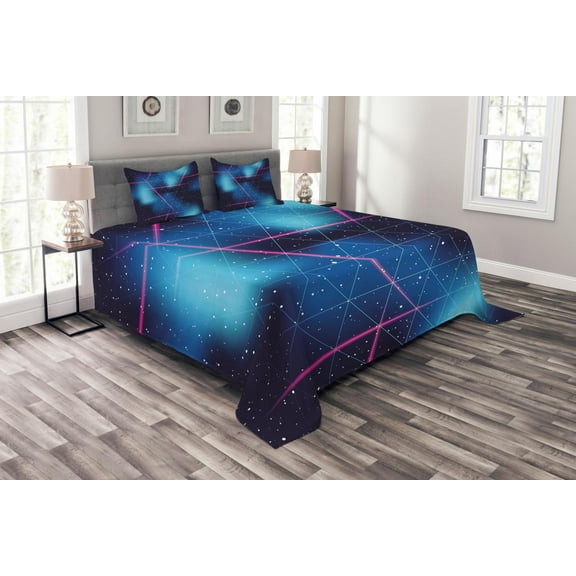 Ambesonne Navy and Blush Quilted Bedspread Set 3 Pcs, Retrofuturistic, Queen Size, Indigo Blue Hot Pink