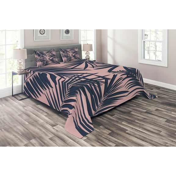 Ambesonne Navy and Blush Quilted Coverlet 3 Pcs, Summer Hawaii, Queen Size, Night Blue Pale Pink
