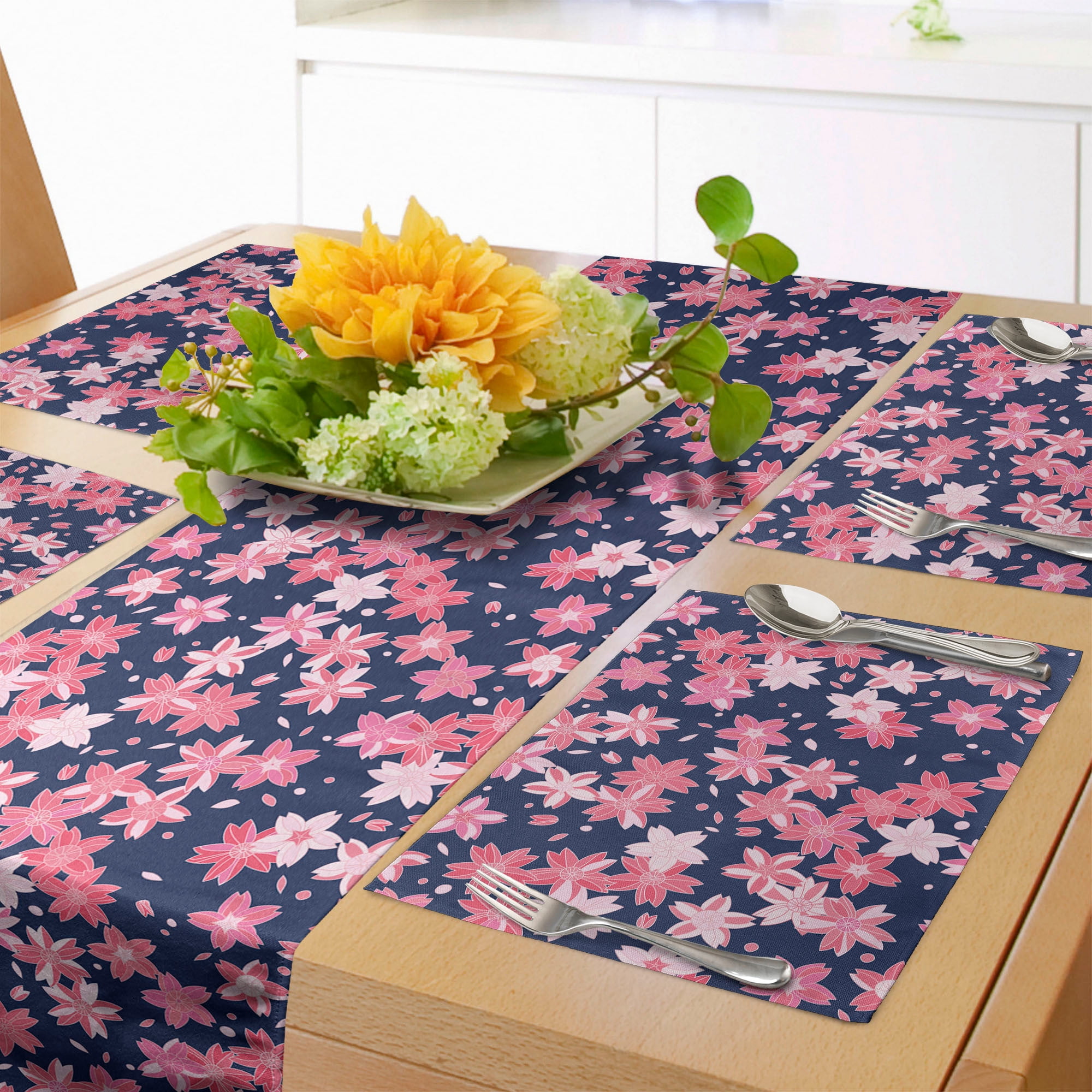 Ambesonne Navy and Blush Table Runner & Placemats, Japanese Spring