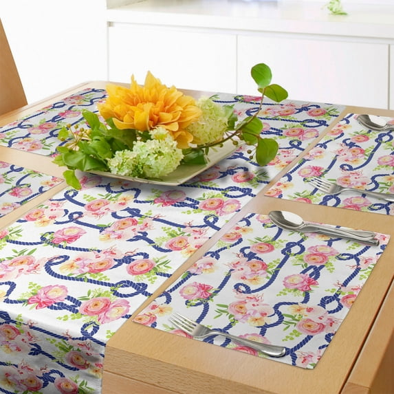 Ambesonne Navy and Blush Table Runner & Placemats, Marine Floral, Placemat 4 pcs + Runner 14"x72", Navy Blue Pink Green