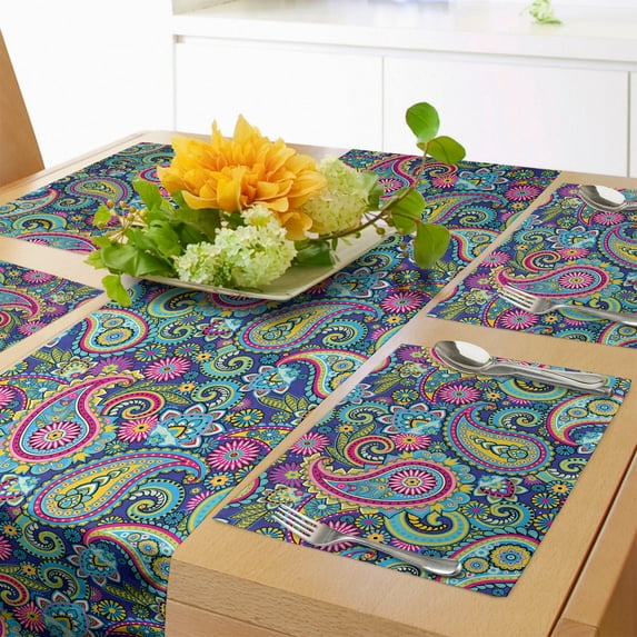 Ambesonne Navy and Blush Table Runner & Placemats, Vintage Paisley, Placemat 4 pcs + Runner 12"x90", Pink Blue Yellow