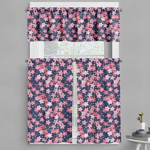Ambesonne Navy and Blush Valance & Curtain, Japanese Spring, 55"x45", Dark Blue Coral Pink