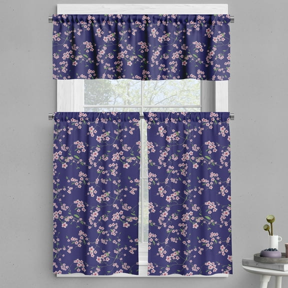 Ambesonne Navy and Blush Valance & Curtain, Sakura Blossom, 55"x24", Purple Rose Fern Green