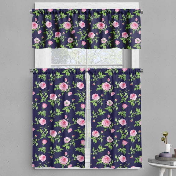 Ambesonne Navy and Blush Valance & Curtain, Vintage Roses Buds, 55"x30", Indigo Green Pink