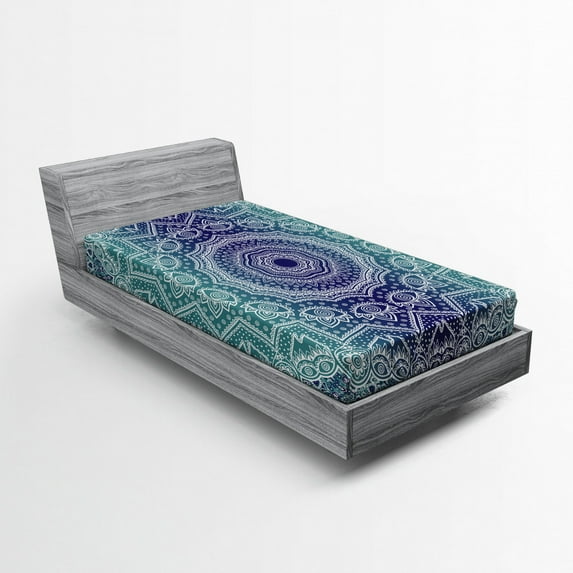 Ambesonne Navy and Teal Fitted Sheet, Ombre Tribe, Twin Size, Dark Blue Teal