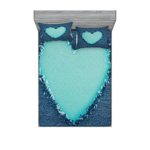 Ambesonne Navy and Teal Fitted Sheet & Pillow Sham Set, Denim Heart Love, Queen, Navy Blue and Seafoam