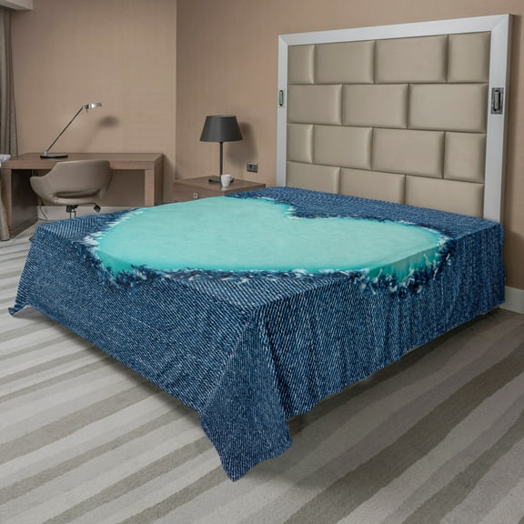 Ambesonne Navy and Teal Flat Sheet, Denim Heart Love, Full Size, Navy Blue and Seafoam