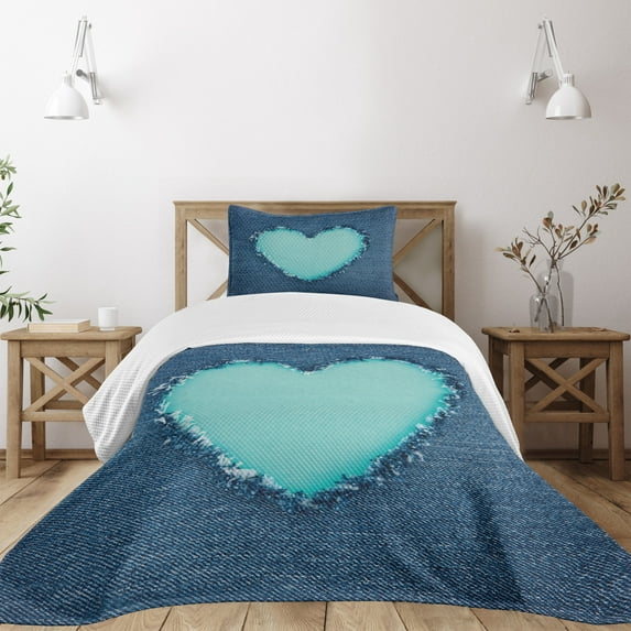 Ambesonne Navy and Teal Quilted Bedspread Set 2 Pcs, Denim Heart Love, Twin Size, Navy Blue and Seafoam
