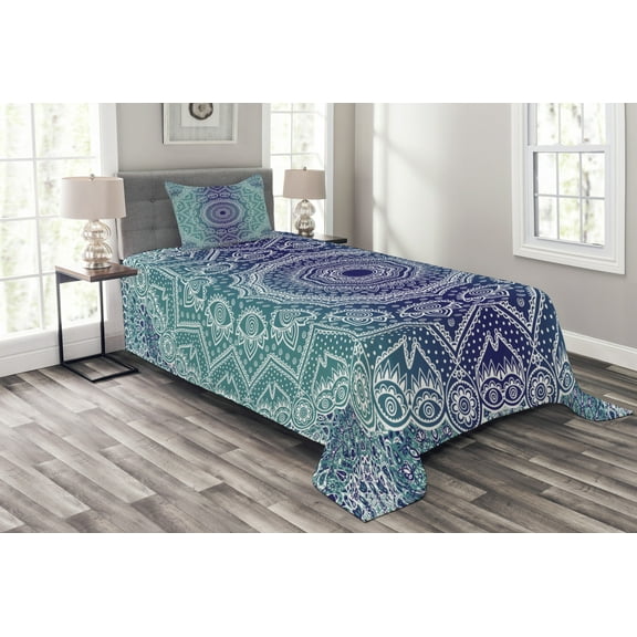 Ambesonne Navy and Teal Quilted Bedspread Set 2 Pcs, Ombre Tribe, Twin Size, Dark Blue Teal