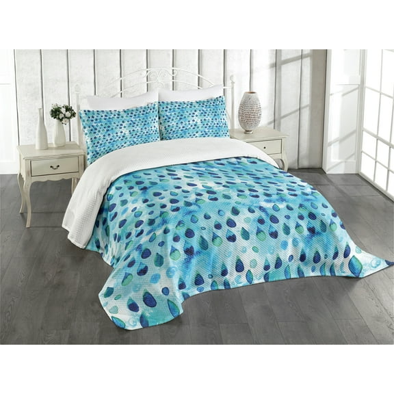 Ambesonne Navy and Teal Quilted Bedspread Set 3 Pcs, Waterdrops Quirky, Queen Size, Turquoise Navy Blue