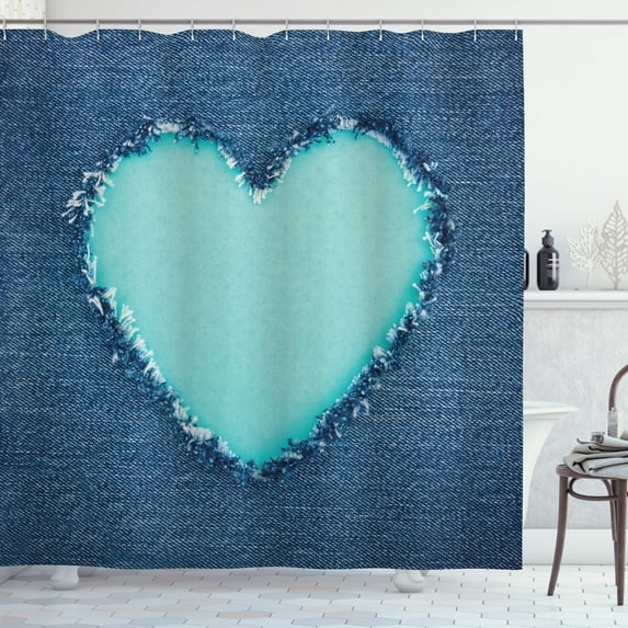 Ambesonne Navy and Teal Shower Curtain, Denim Heart Love, 69"Wx75"L, Navy Blue and Seafoam