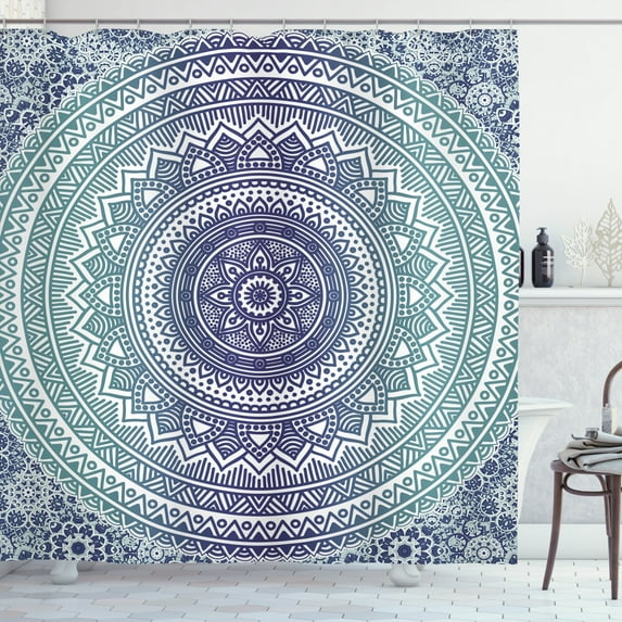 Ambesonne Navy and Teal Shower Curtain, Ombre Boho Art, 69"Wx75"L, Dark Blue White