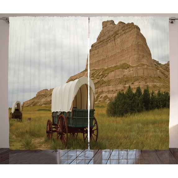 Ambesonne Nebraska Curtains 2 Panel Set, Old Wagon Rural Land, 108" x 90", Multicolor