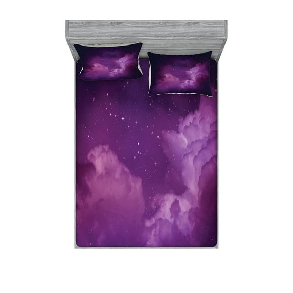 Ambesonne Nebula Fitted Sheet & Pillow Sham Set, Cosmic Celestial Stars, Calking, Indigo Magenta