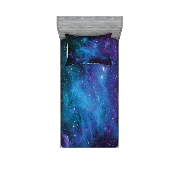 Ambesonne Nebula Fitted Sheet & Pillow Sham Set, Galaxy Stars in Space, Twin, Navy Purple