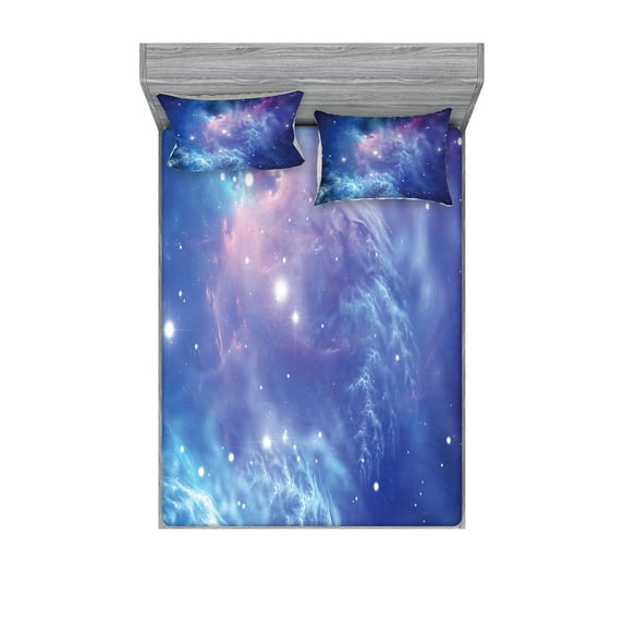 Ambesonne Nebula Fitted Sheet & Pillow Sham Set, Star Clusters in Space, Queen, Purple Navy