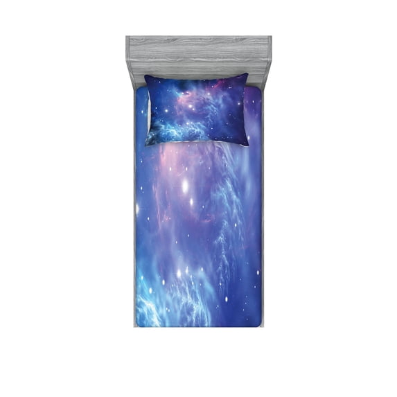 Ambesonne Nebula Fitted Sheet & Pillow Sham Set, Star Clusters in Space, Twin, Purple Navy