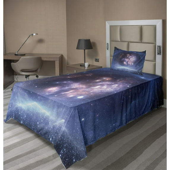Ambesonne Nebula Fitted & Top Sheet Set with Sham, Star Clusters Universe, Navy Purple